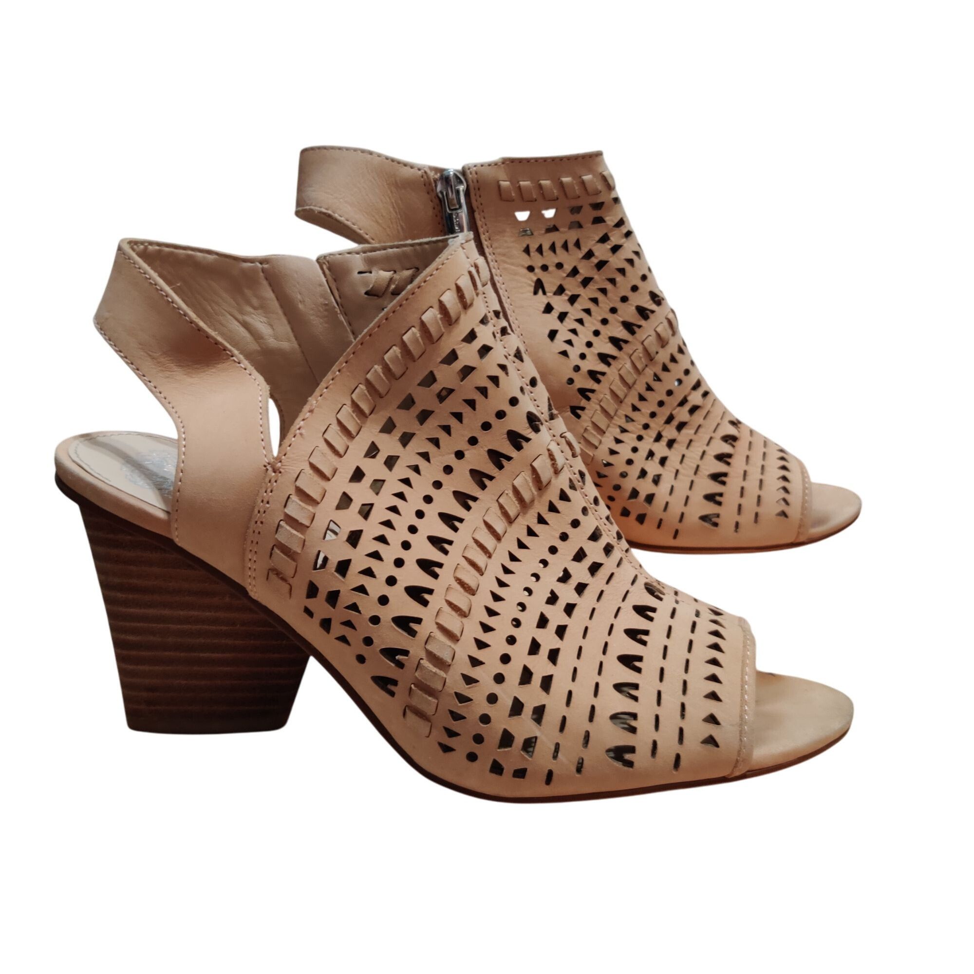 Vince Camuto Vince Camuto 8.5 Laser Cut Peep Toe Leather Sandals Tan Bloc Size US 8.5 / IT 38.5 - 1 Thumbnail