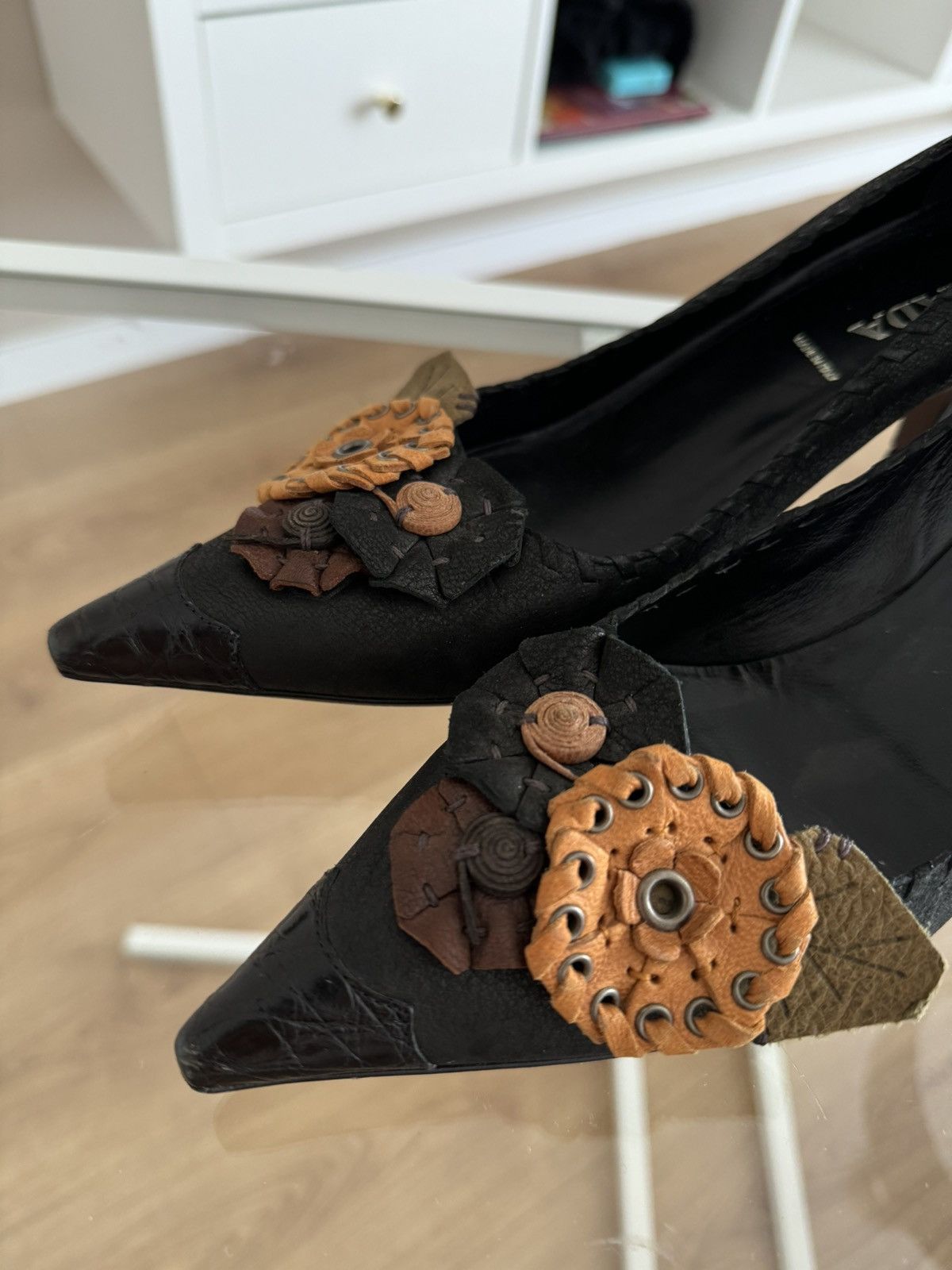Prada Prada heels shoes black with flowers Italy vintage rare Size US 7.5 / IT 37.5 - 4 Thumbnail