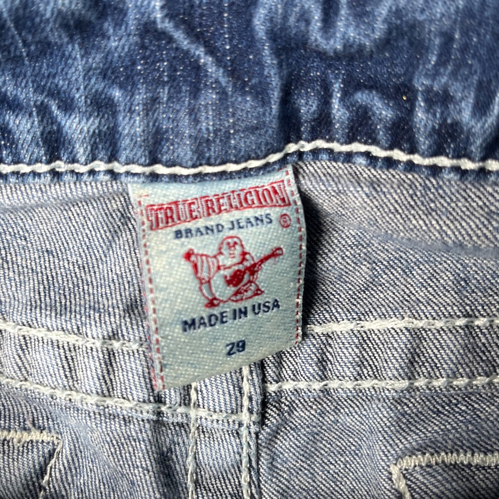 True Religion Jeans Size 29 Blue Distressed White Stitched Johnny 