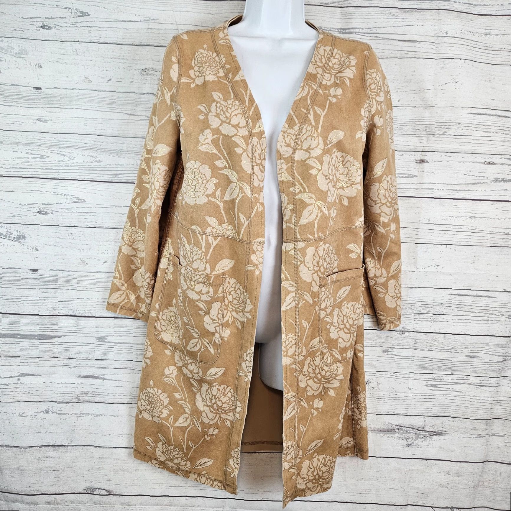Vintage Solitaire Womens Faux Suede Jacket Small Tan Gold Floral Open Front Size S / US 4 / IT 40 - 2 Thumbnail