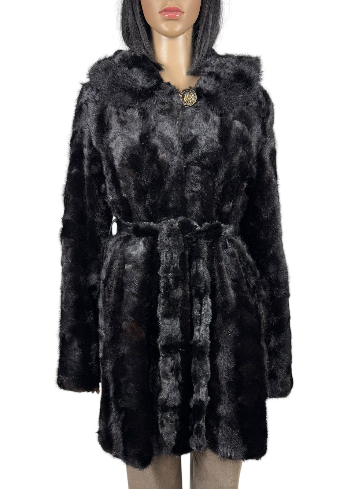 Designer Real Mink Fur Coat Hooded Belted size XS Size XS / US 0-2 / IT 36-38 - 4 Thumbnail