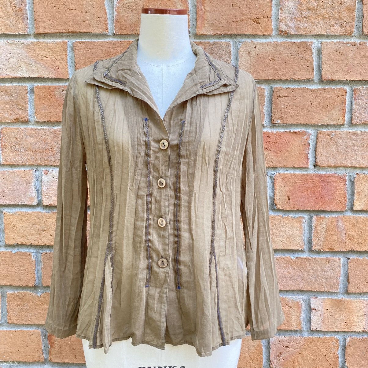 Japanese Brand Hiroko BIS Camel Beige Crinkle Button-Up Blouse Size L / US 10 / IT 46 - 15 Thumbnail