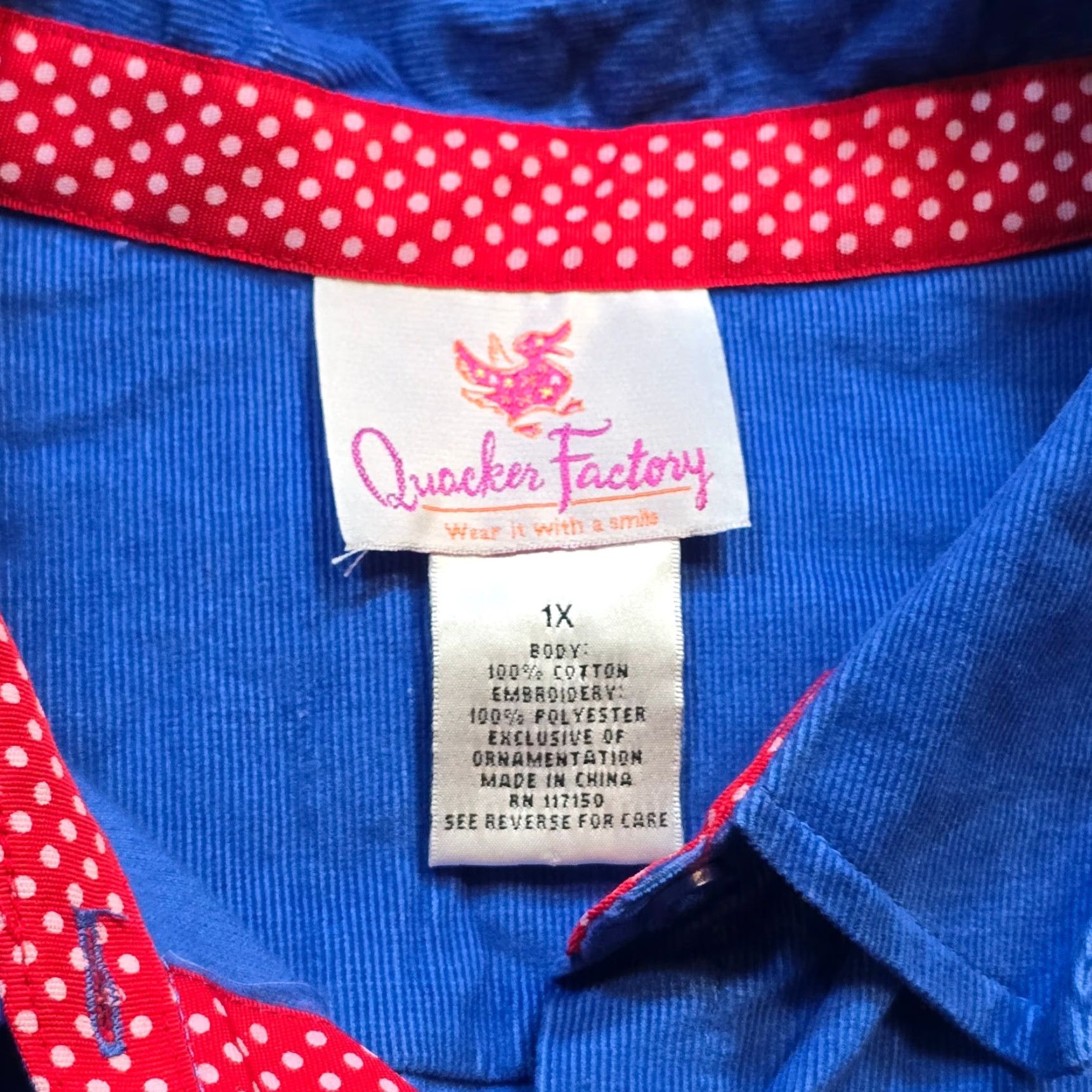 Quacker Factory Quacker Factory Blouse Women 1X Blue Embroidered Apples Corduroy Button Long Sleeve Size XL / US 12-14 / IT 48-50 - 4 Thumbnail