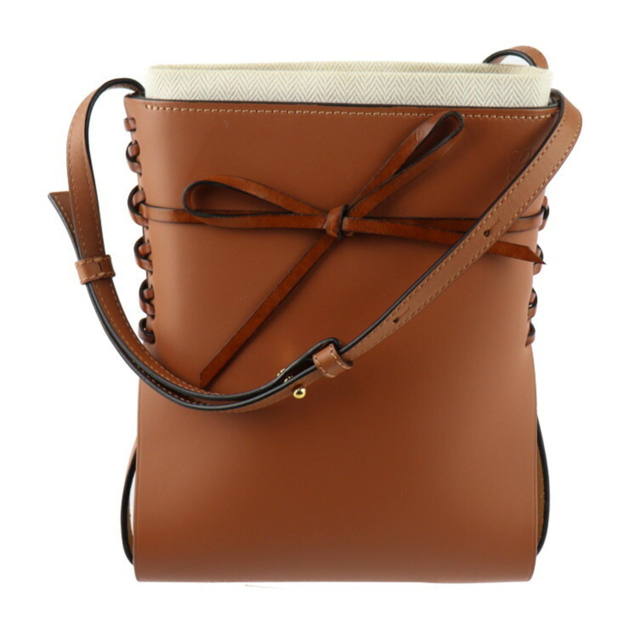Loewe Ikebana Shoulder Bag A858I01X01 Canvas Calf Leather Brown Natural Crossbody Ribbon 2407033007044R1, Women's