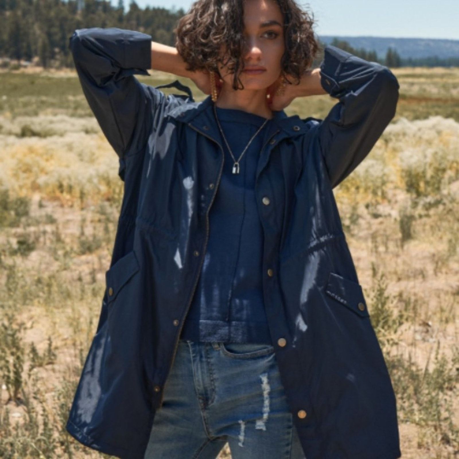 Other Navy Glossy Drawstring Trim Button-Down Coach Jacket Size S / US 4 / IT 40 - 7 Thumbnail