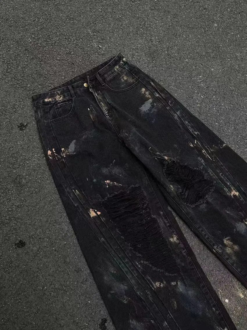 Designer × Japanese Brand Waxed and graffitied ripped and spliced baggy jeans Size US 33 - 7 Thumbnail