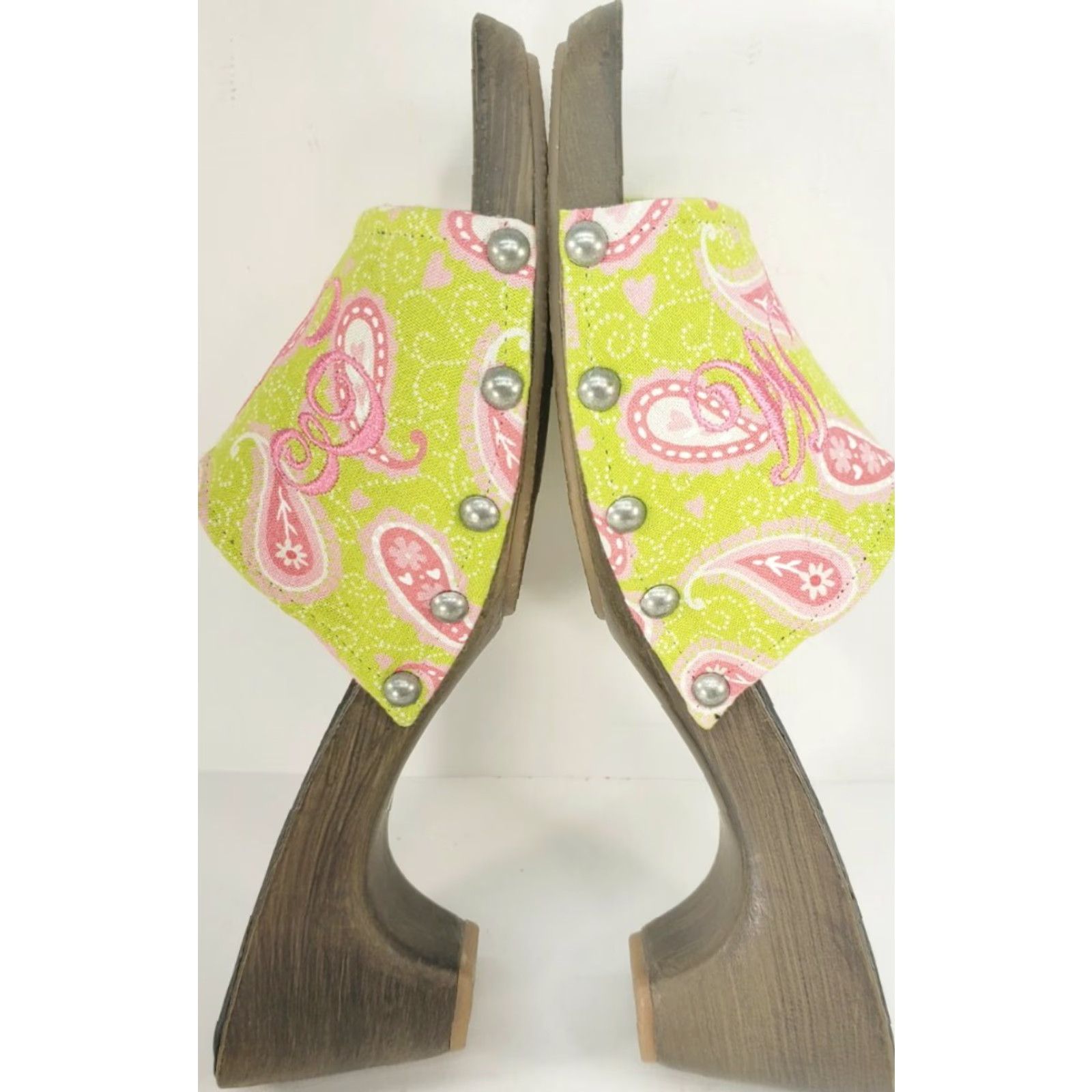 Vintage Morgan & Company Pink Chartreuse Paisley Women’s Sandal Slide Kitten Heel 8M Size US 8 / IT 38 - 7 Thumbnail