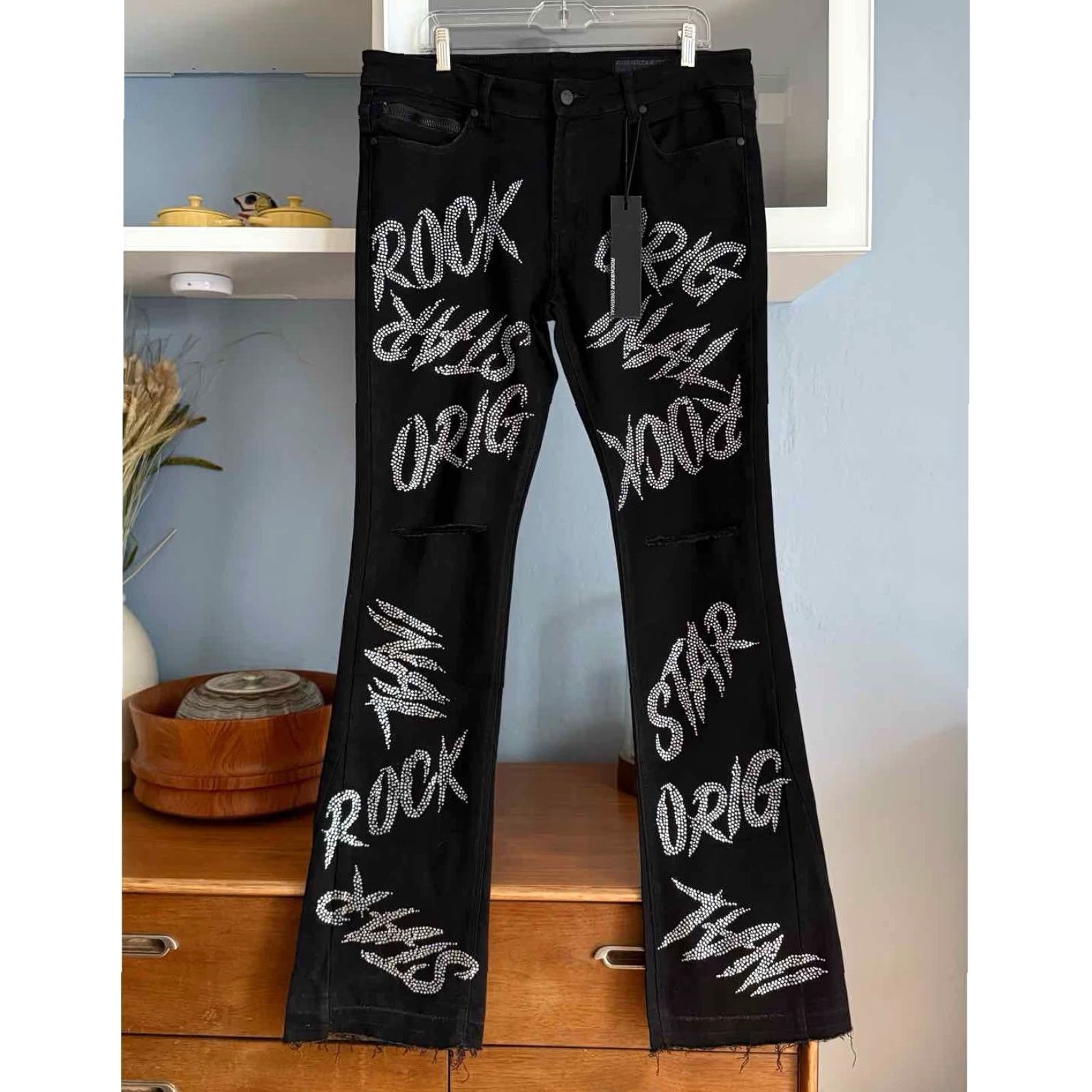 Vintage VINTAGE Rockstar Original STACKED JEANS Flared 90s Hip Hop Rock Black Rhinestone Embellished 36 Mens Size US 36 / EU 52 - 2 Thumbnail