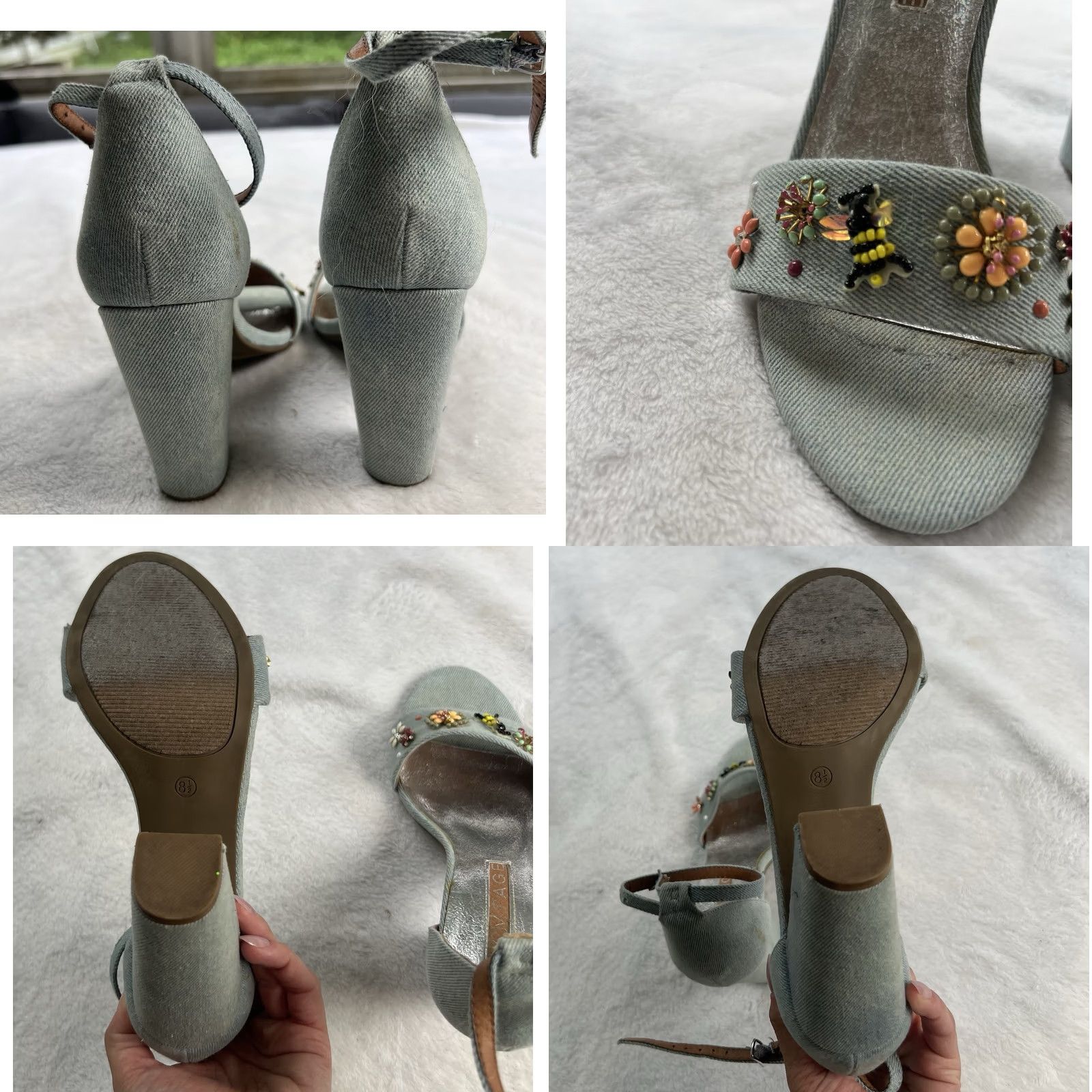 Vintage Rampage Skye Denim Bee Flower Embellished Ankle Strap Sandal Heels Size 8.5 Women Blue Strappy Heel Flower Beaded Studded Mid 2-2.9in Size US 9 / IT 39 - 8 Thumbnail