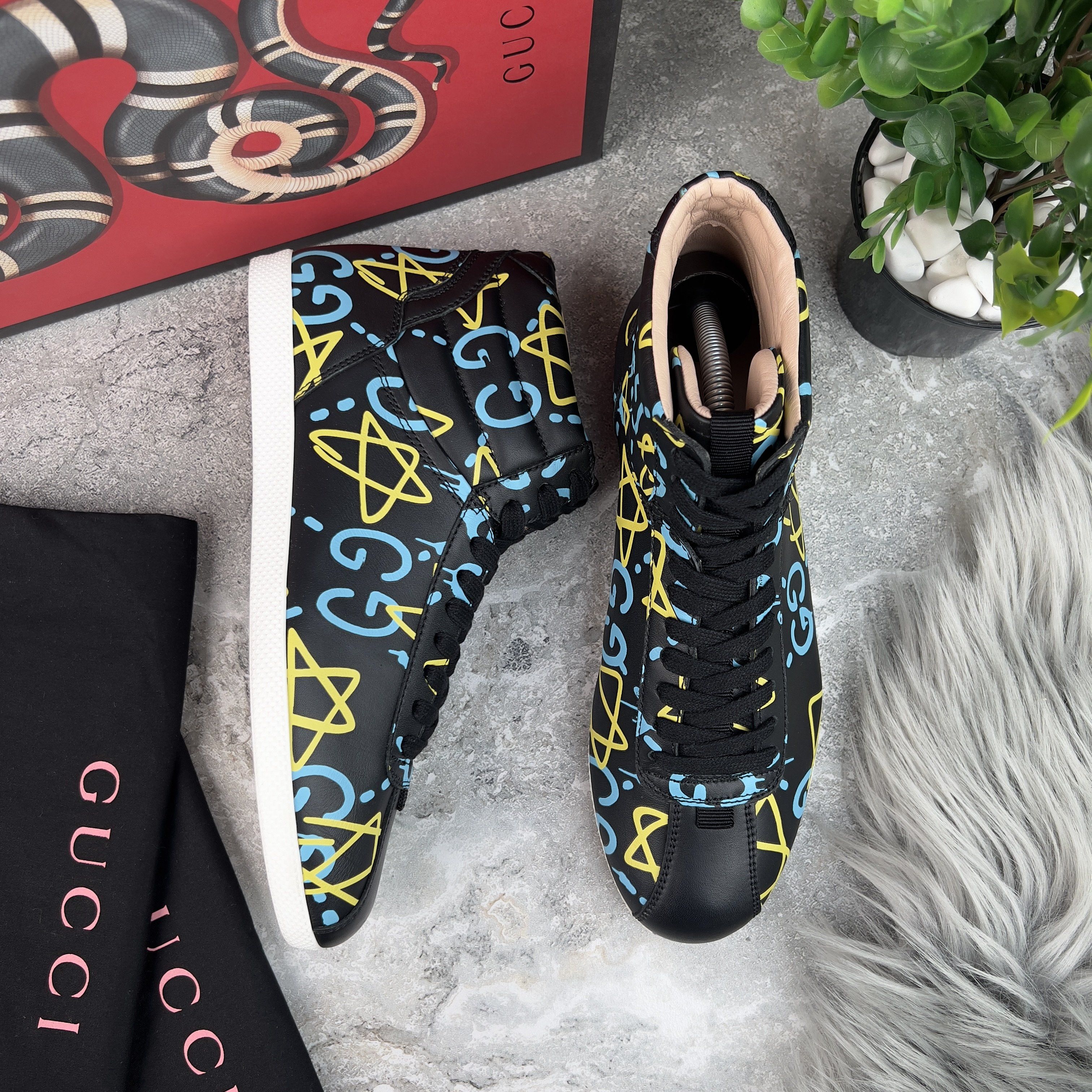 Gucci Apollo Graffiti Ghost Stars High Top Sneakers Black Logo Size US 7.5 / IT 37.5 - 7 Thumbnail