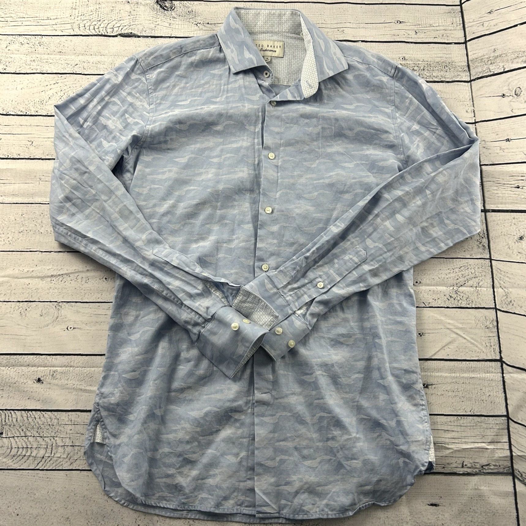Ted Baker Ted Baker Endurance Long Sleeve Button-Up Shirt Men's 15 34/35 Camo Blue Size US M / EU 48-50 / 2 - 2 Thumbnail