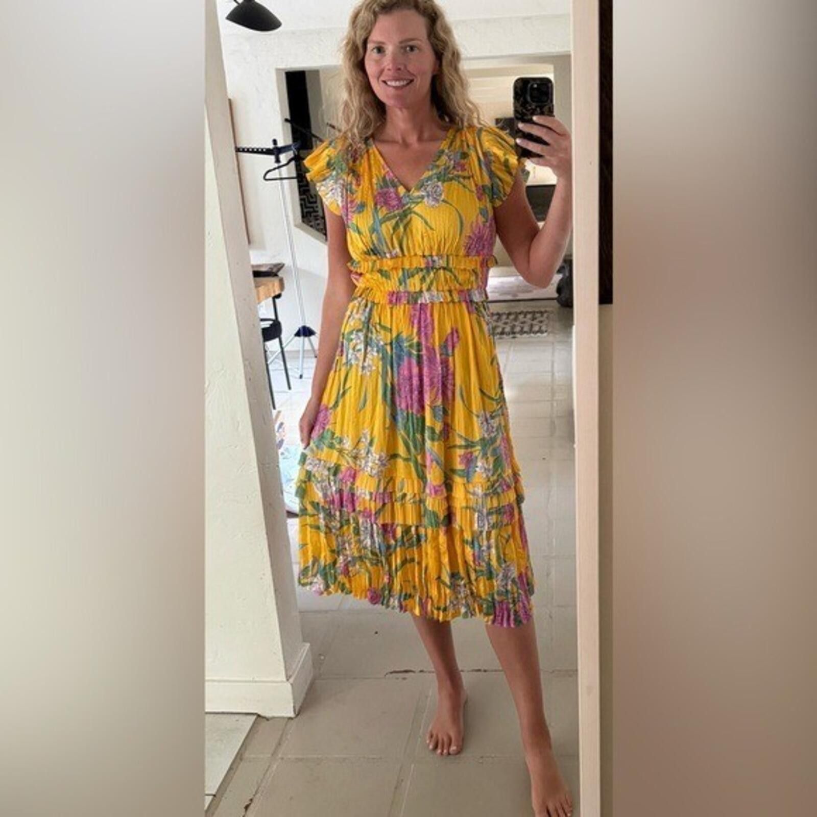 Current Air Current Air $114 Yellow Floral Pleated Midi Dress, Size S Size S / US 4 / IT 40 - 2 Thumbnail