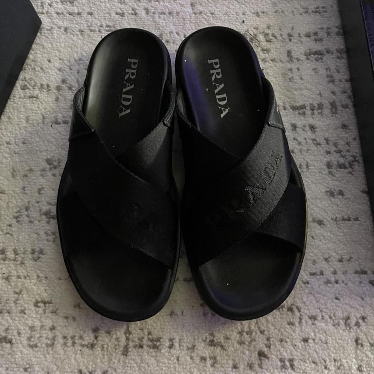 Designer × Prada Prada Brushed leather and Re-Nylon tape crisscross slides Size US 8.5 / EU 41-42 - 1 Thumbnail