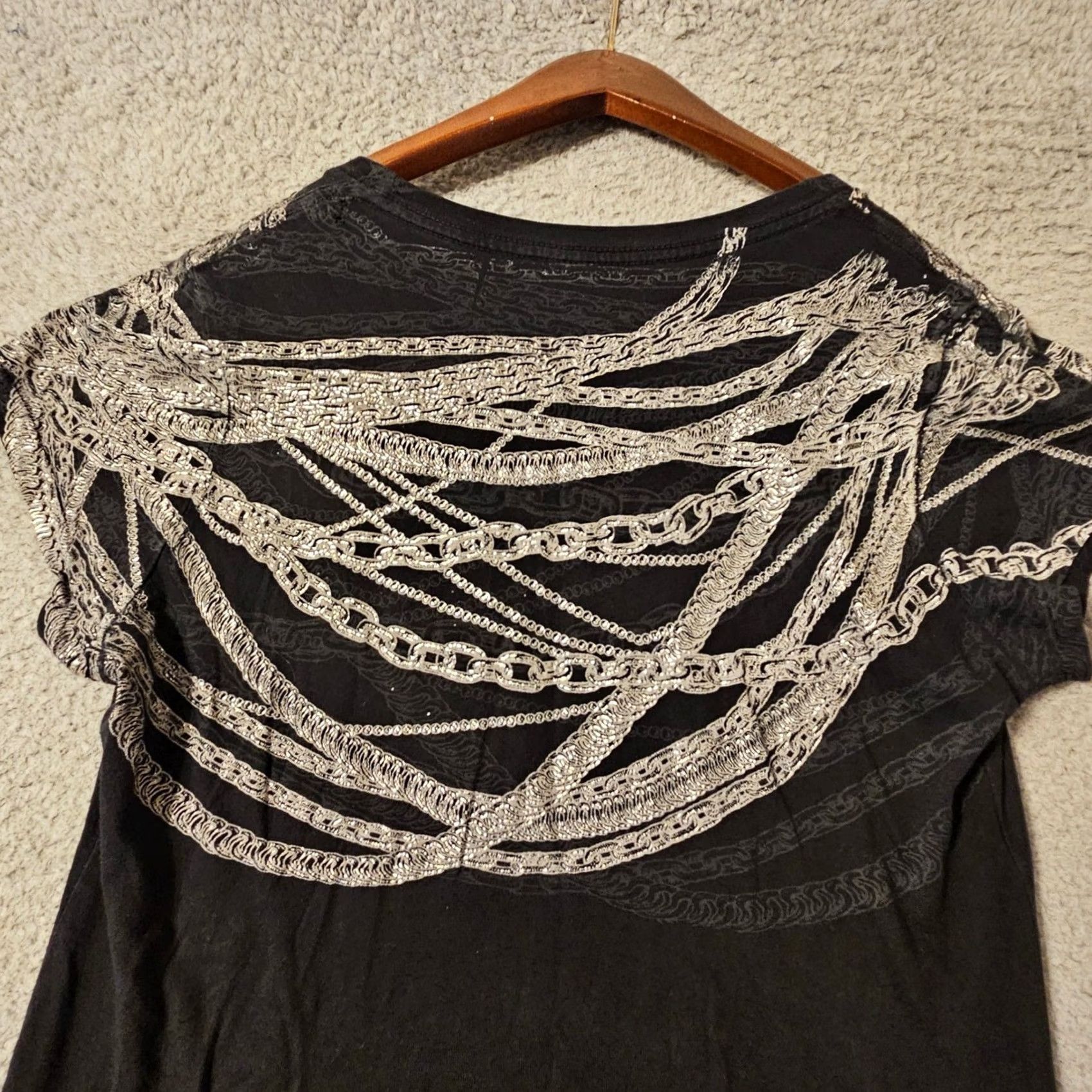Affliction Affliction Los Angeles Womens L Black V-Neck T-Shirt Studded Graphic Belt Chain Theme Tattoo Gothic Western Biker Casual Shirt Size L / US 10 / IT 46 - 4 Thumbnail