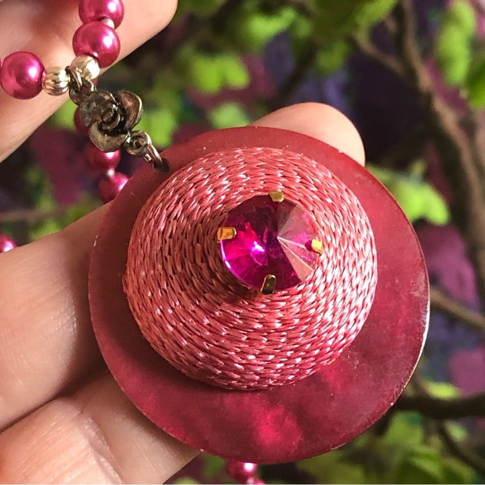 Handmade Handcrafted repurpose fuchsia pink pendant Pearl necklace Size ONE SIZE - 10 Thumbnail