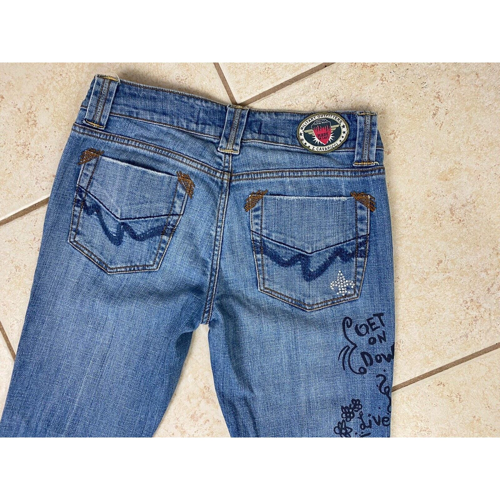 Other VTG Z Cavaricci Denim Jeans Rhinestones Graffiti Bootcut Size 25" / US 0 / IT 36 - 7 Thumbnail