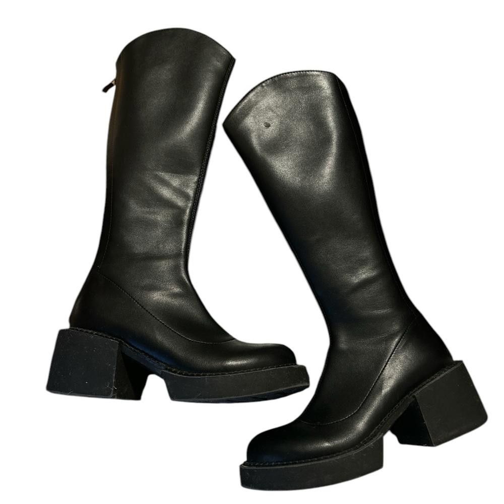 Designer Black Leather Platform Knee-High Boots Size US 7 / IT 37 - 3 Thumbnail