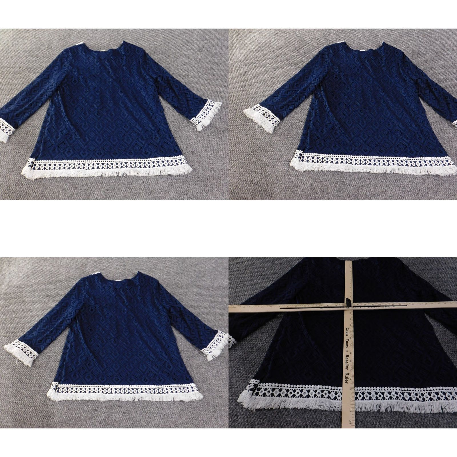 Vintage Alfred Dunner Top Womens Small Navy Blue Lace Crochet Tunic Boho Fringe Trim Blouse Size S / US 4 / IT 40 - 8 Thumbnail