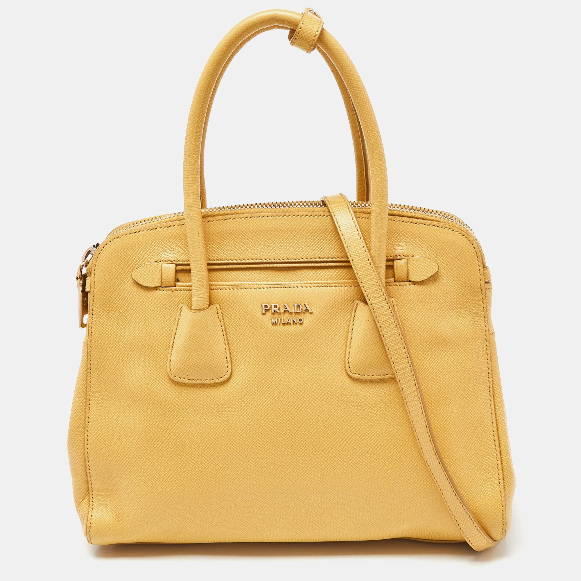 image of Prada Yellow Saffiano Lux Leather Satchel, Women's