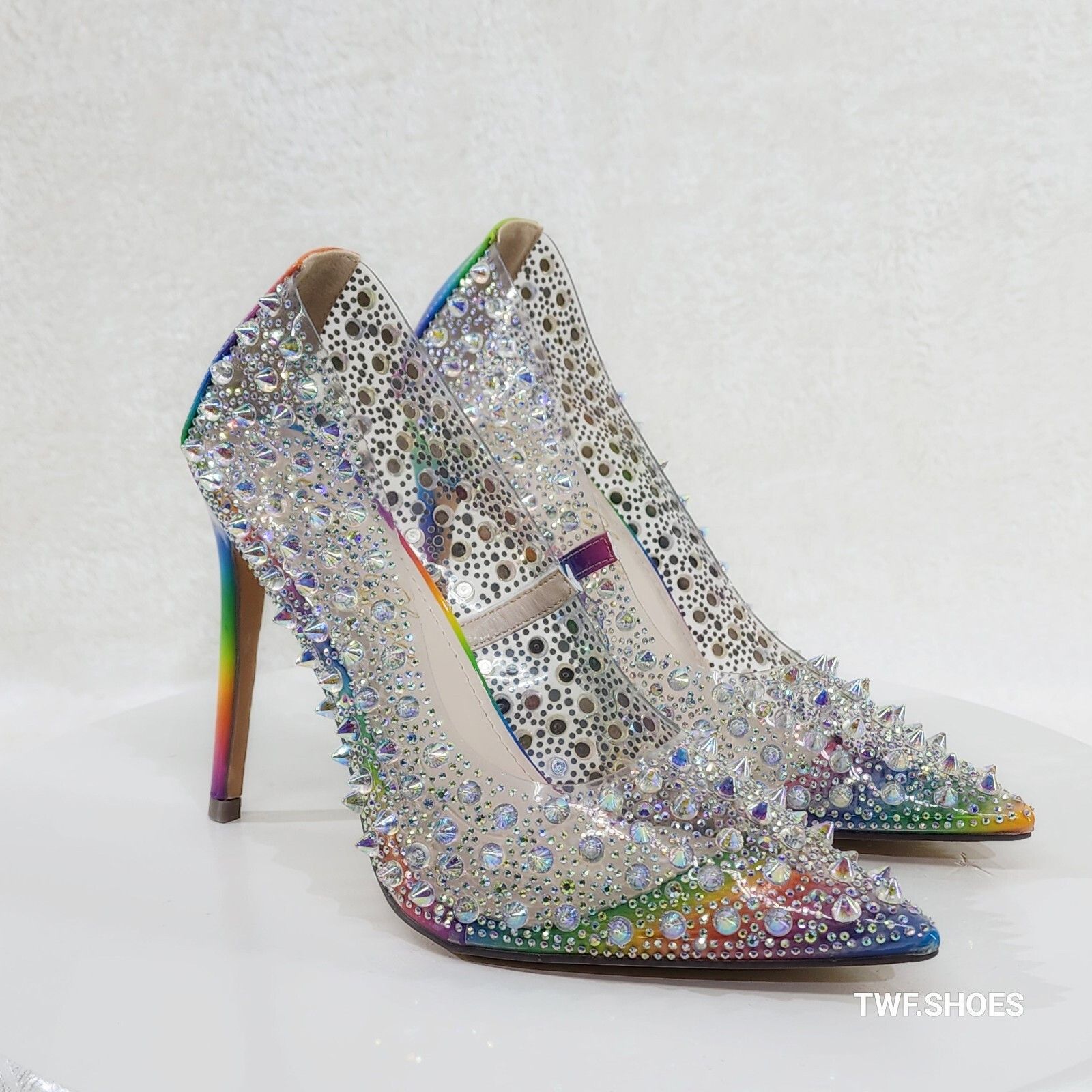 Spicy Stiletto PVC Clear Pumps Rainbow Studs & Rhinestone Pu