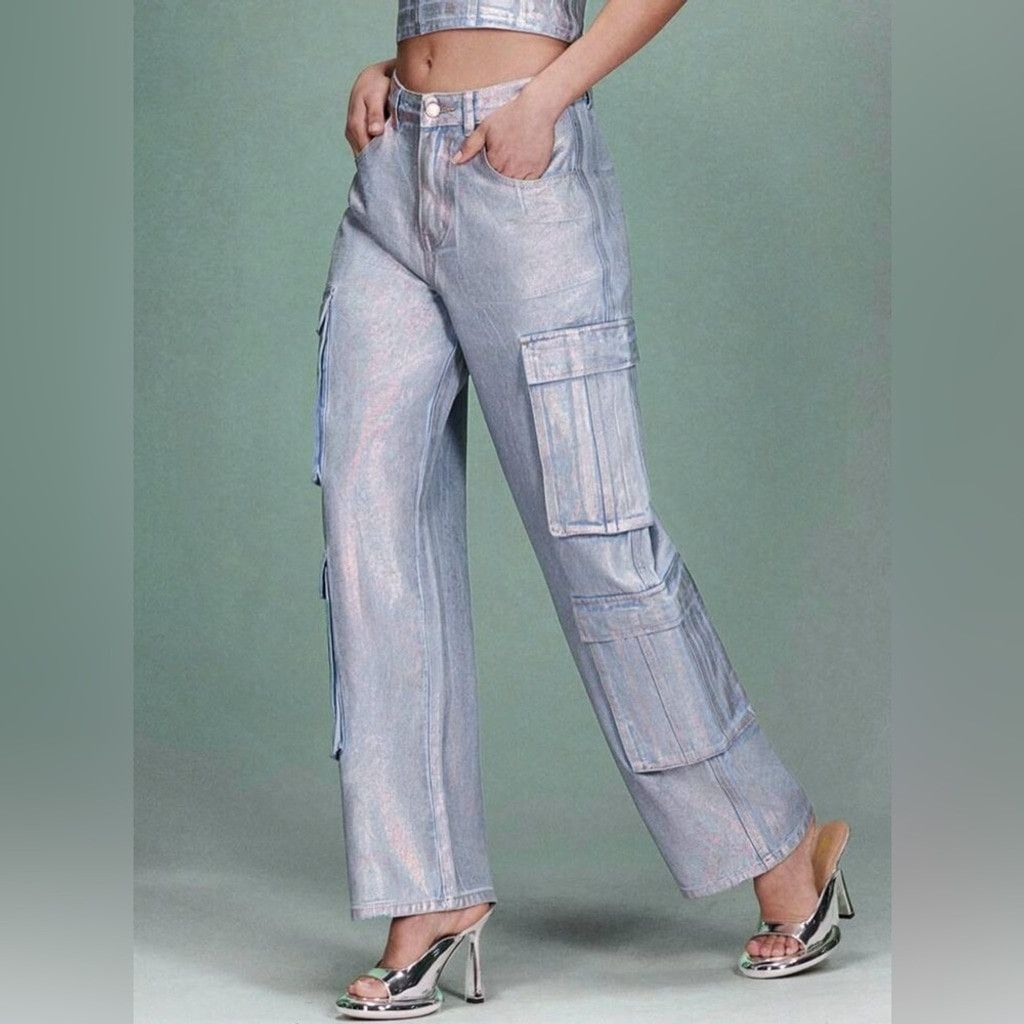 Other Metallic Cargo Pocket Women's Denim Wide Leg Pants Size 29 Size 29" - 6 Thumbnail