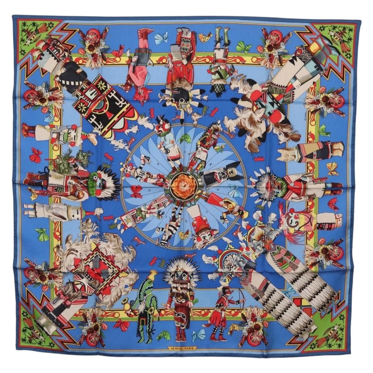 Hermes HERMES Carre 90 Scarf Silk Blue Red "KACHINAS" Auth ki6872M Size ONE SIZE - 1 Thumbnail