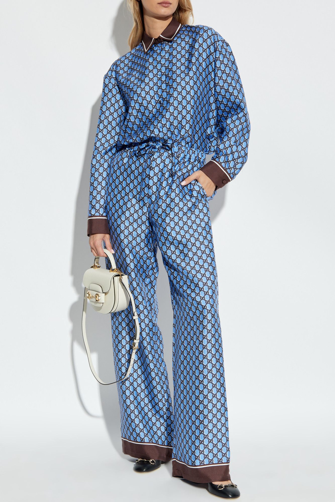 Gucci o1la5ras0526 Silk Pants With GG Shadow in Blue/Brown Size 25" / US 0 / IT 36 - 2 Thumbnail