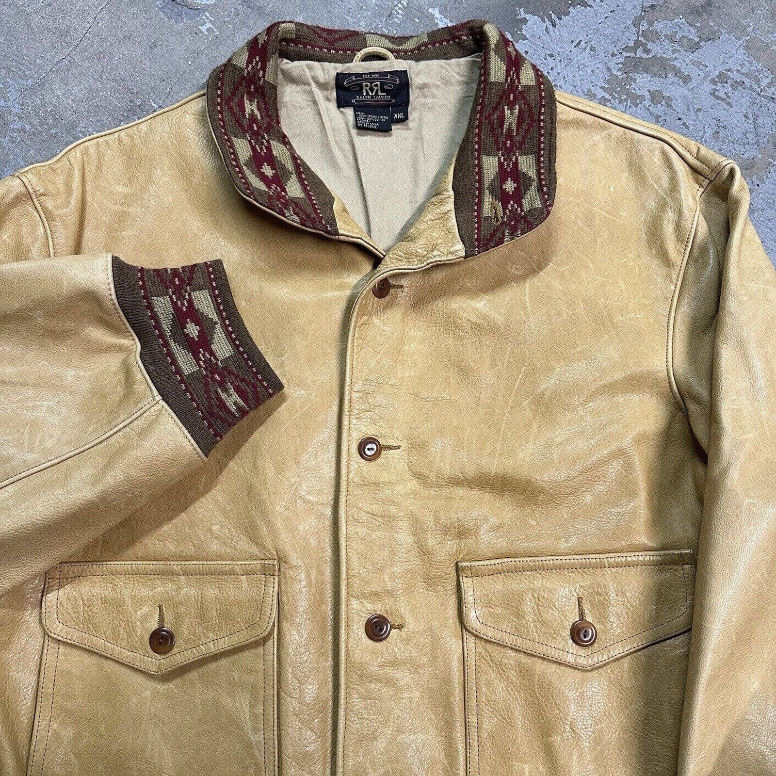 Leather × Polo Ralph Lauren Vintage Double RL Polo Ralph Lauren Aztec Leather Jacket Size US XL / EU 56 / 4 - 2 Thumbnail