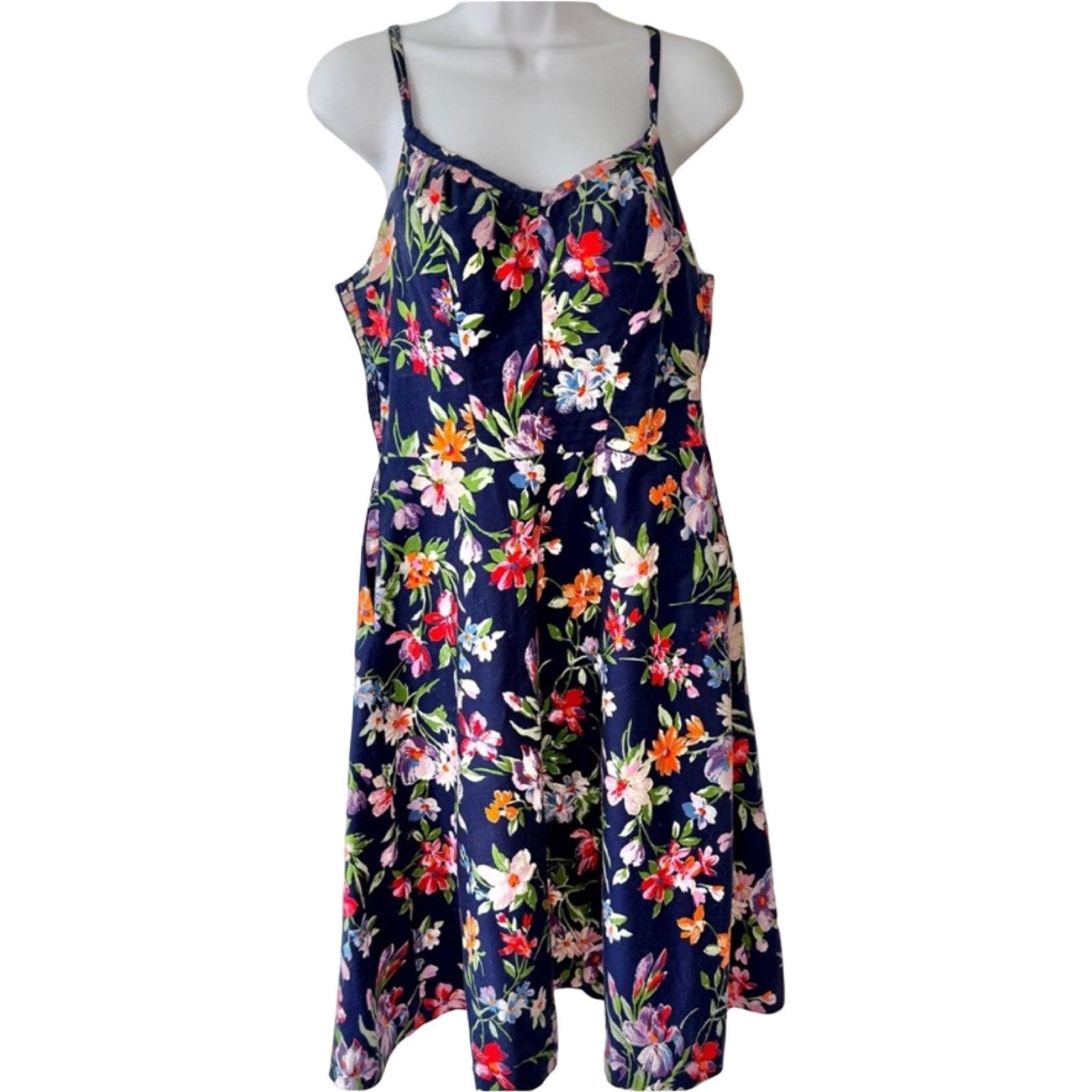 Navy Blue Floral Spaghetti Strap Fit And Flare Dress
