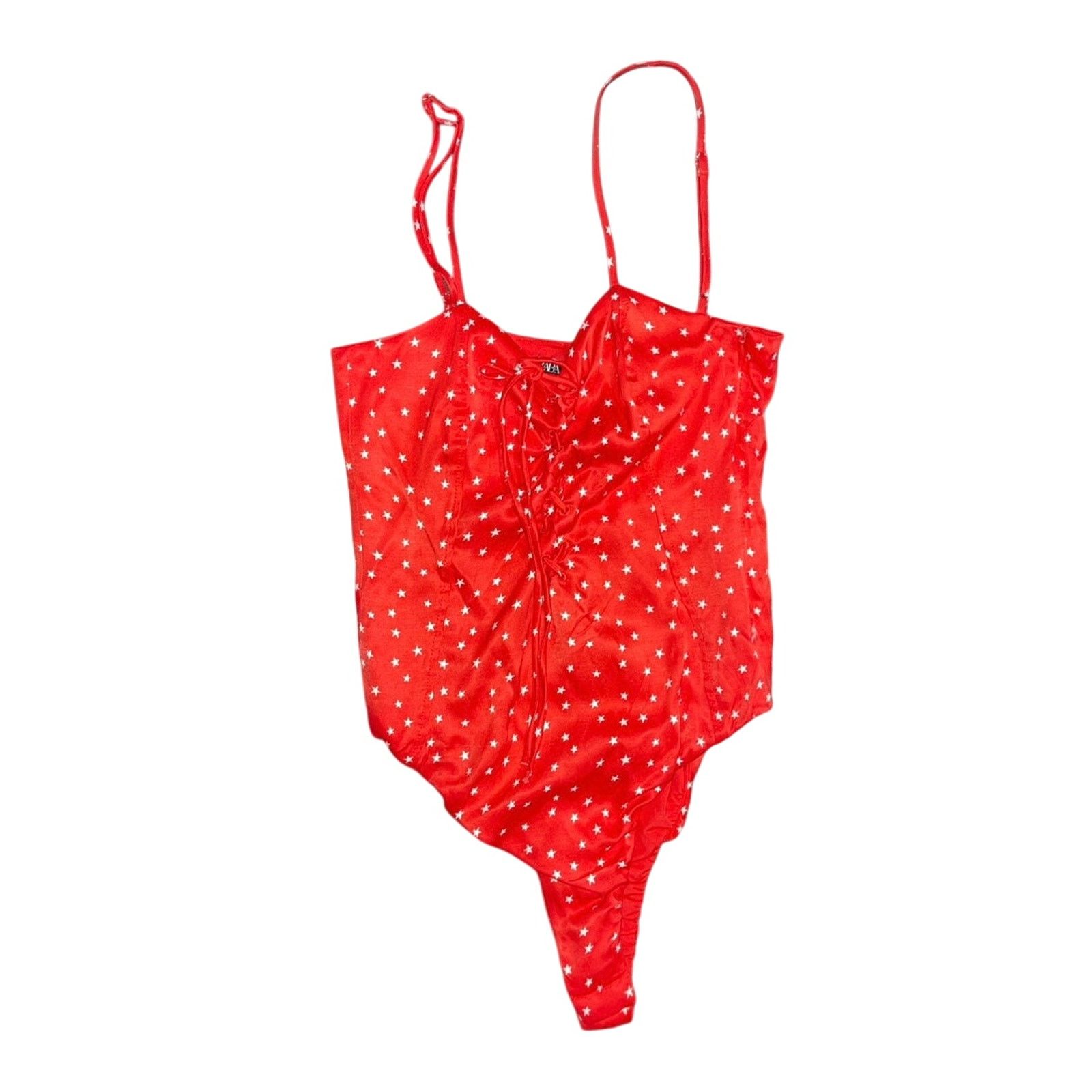 Zara Satin Style Star Print Bodysuit Red Lace Front Tie Small NWT Size S / US 4 / IT 40 - 2 Thumbnail