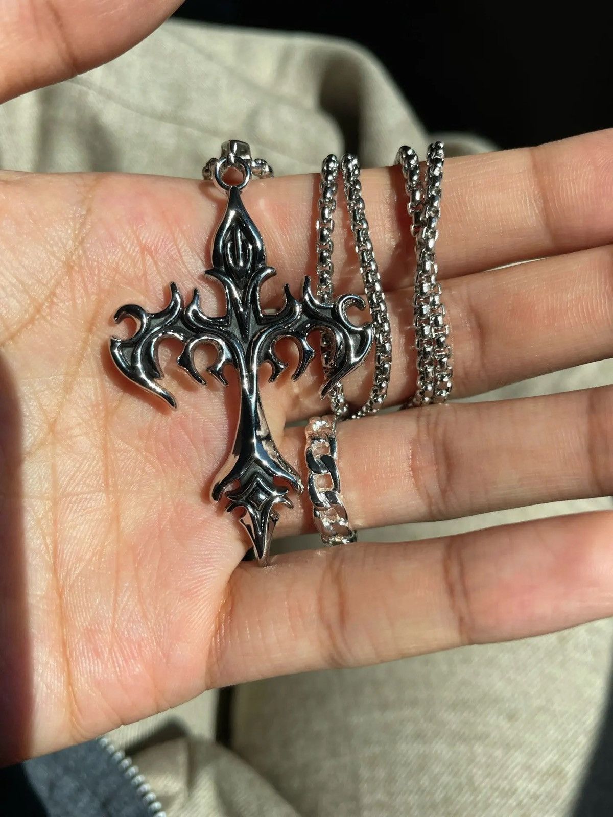 Jewelry × Vintage Vintage Flame Cross Pendant Necklace Long Chain Punk Gothic Size ONE SIZE - 4 Thumbnail