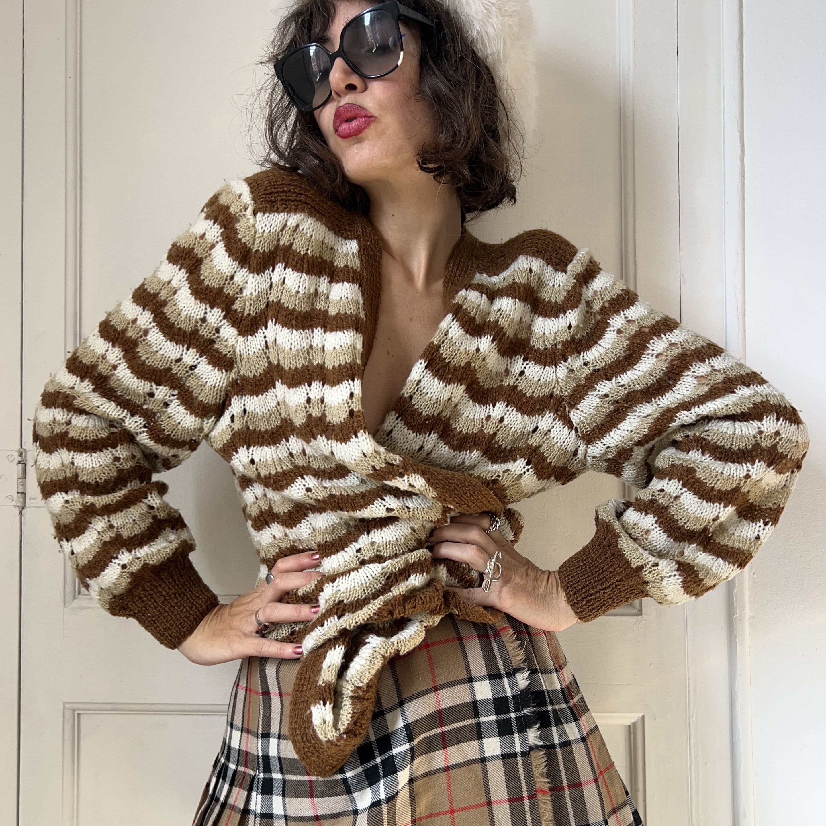 Vintage 70s Hand Knit Chevron Cardigan