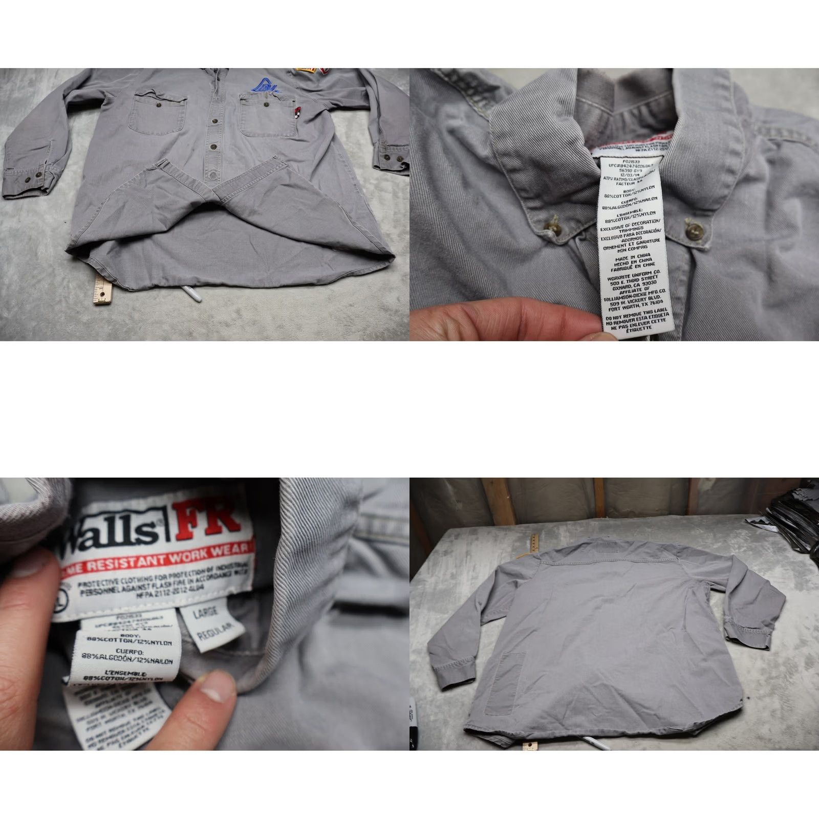 Walls Walls FR Work Shirt Men Large Grey Long Sleeve Fire Resistant Utility Patch LOGO Size US L / EU 52-54 / 3 - 8 Thumbnail