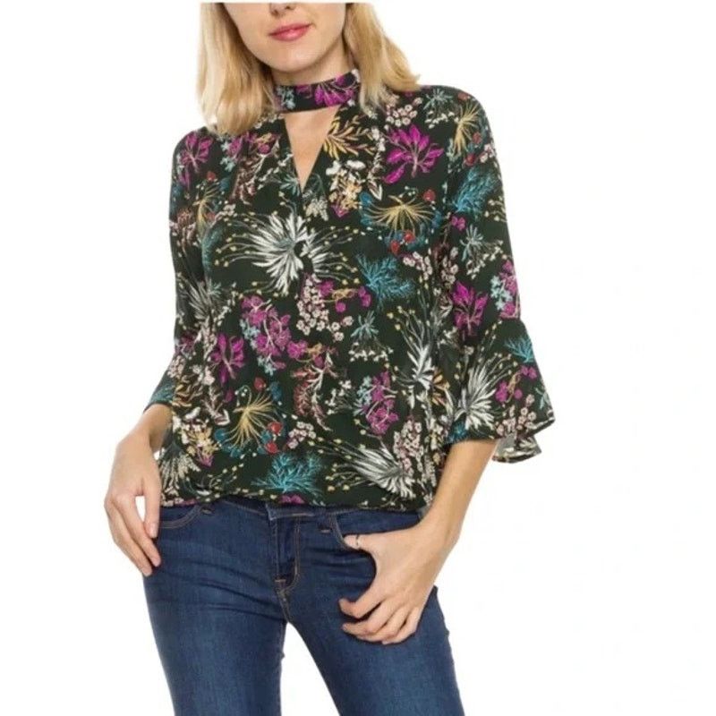 Nordstrom Monteau Green Floral Bell Sleeve Wrap Top | Large Size L / US 10 / IT 46 - 7 Thumbnail