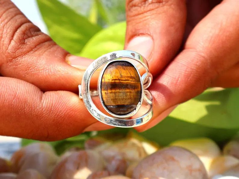 Handmade Tiger's Eye Ring, 925 Silver Ring, Handmade Oval Gemstone, Size ONE SIZE - 6 Thumbnail