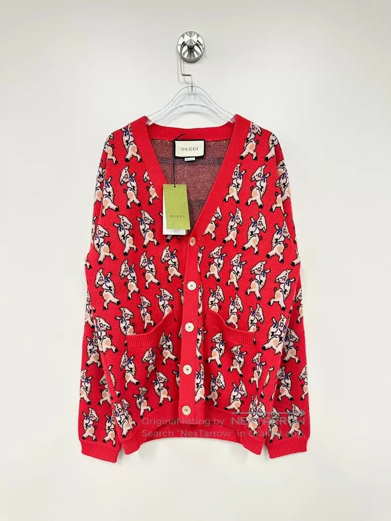 Gucci Gucci Red piglet full-print wool knitted cardigan jacket Size S / US 4 / IT 40 - 1 Thumbnail