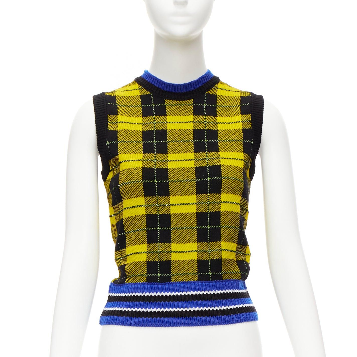 image of Versace 2018 Punk Tartan Blue Web Trim Wool Blend Sweater Vest It38 Xs in Yellow, Women's