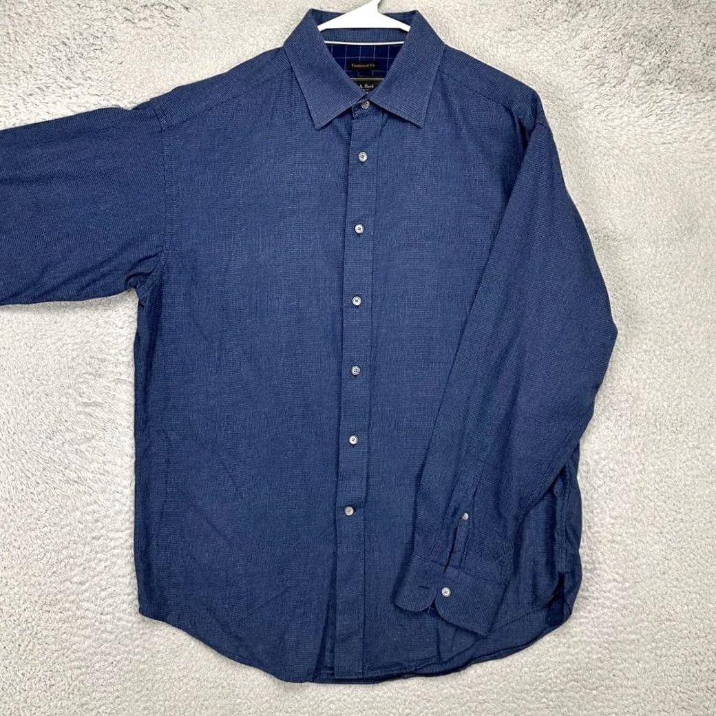 Jos. A. Bank Jos. A. Bank Button Up Shirt Men Medium Reserve Navy Houndstooth Traditional Fit Shirt Long Sleeve Cotton Silk Cashmere Breathable Size US M / EU 48-50 / 2 - 4 Thumbnail
