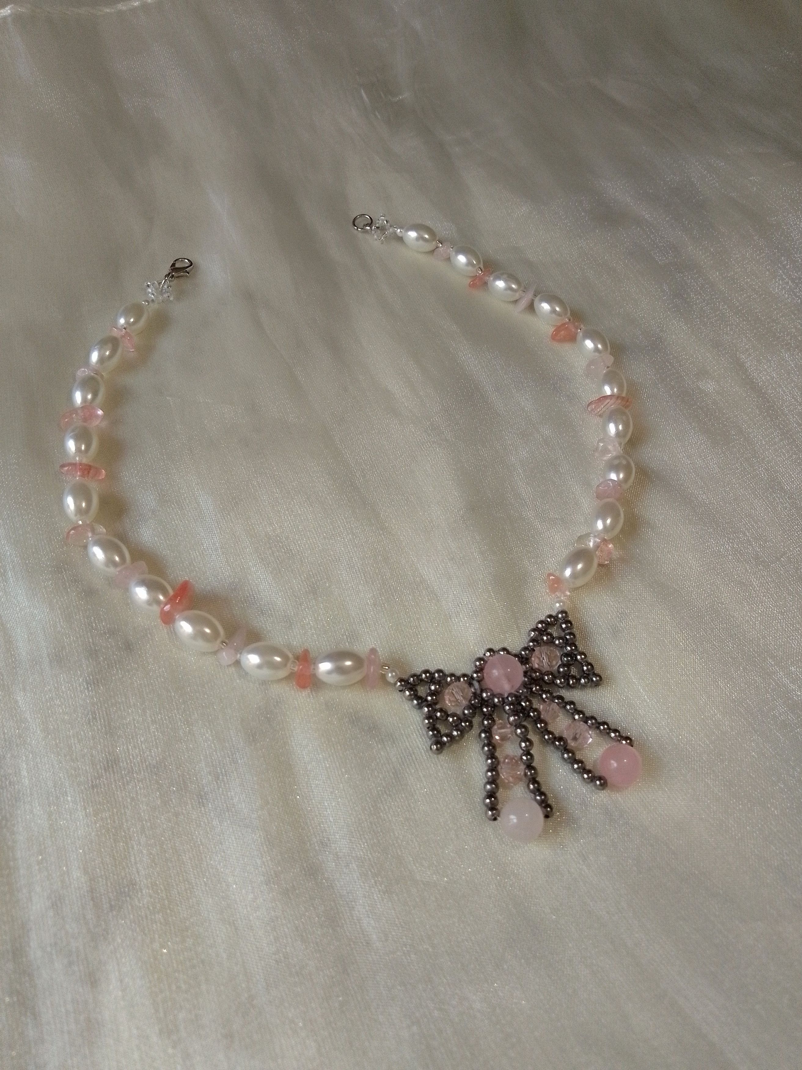 Handmade Bow necklace with natural rose with gemstones& pearls Size ONE SIZE - 2 Thumbnail