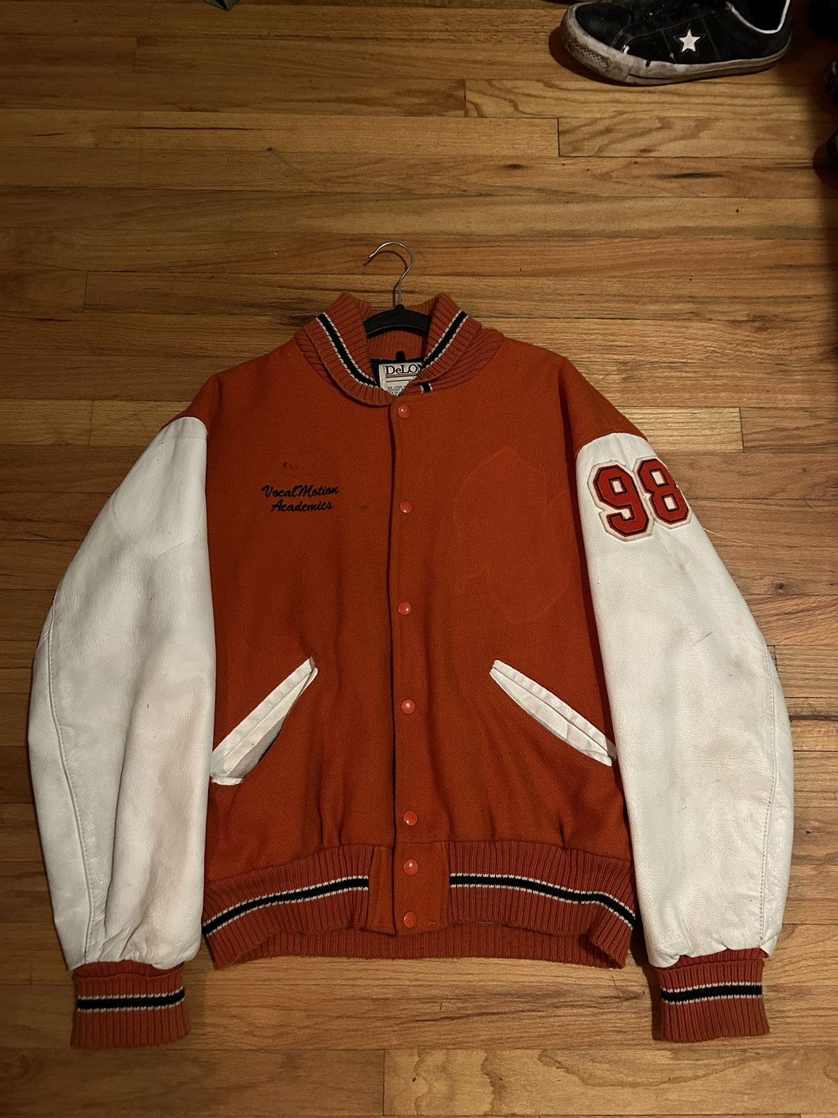 image of Vintage 1998 Delong Embroidered Varsity Jacket in Orange, Men's (Size Large)