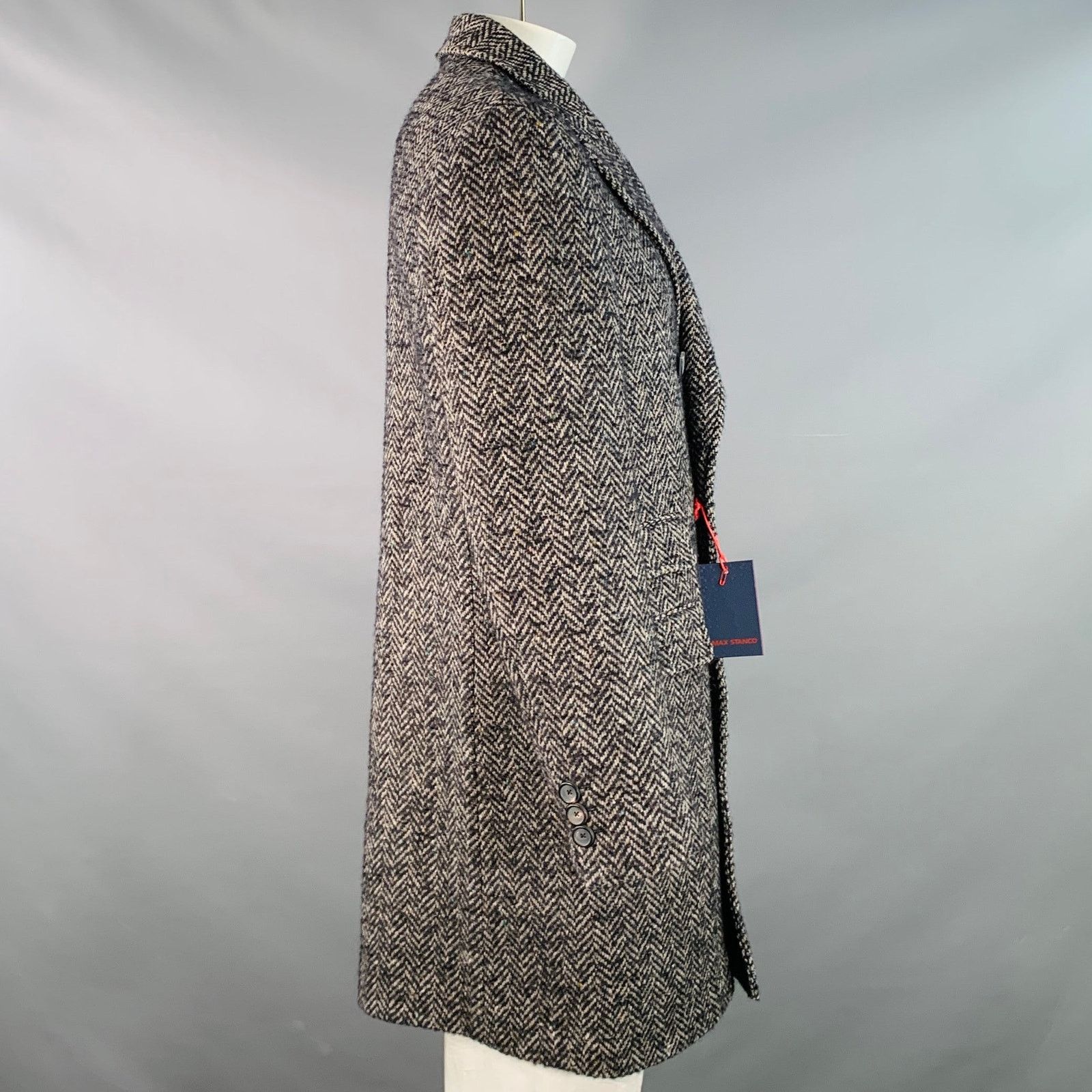 Other Grey Black Herringbone Wool Double Breasted Peak Lapel Coat Size US XL / EU 56 / 4 - 3 Thumbnail