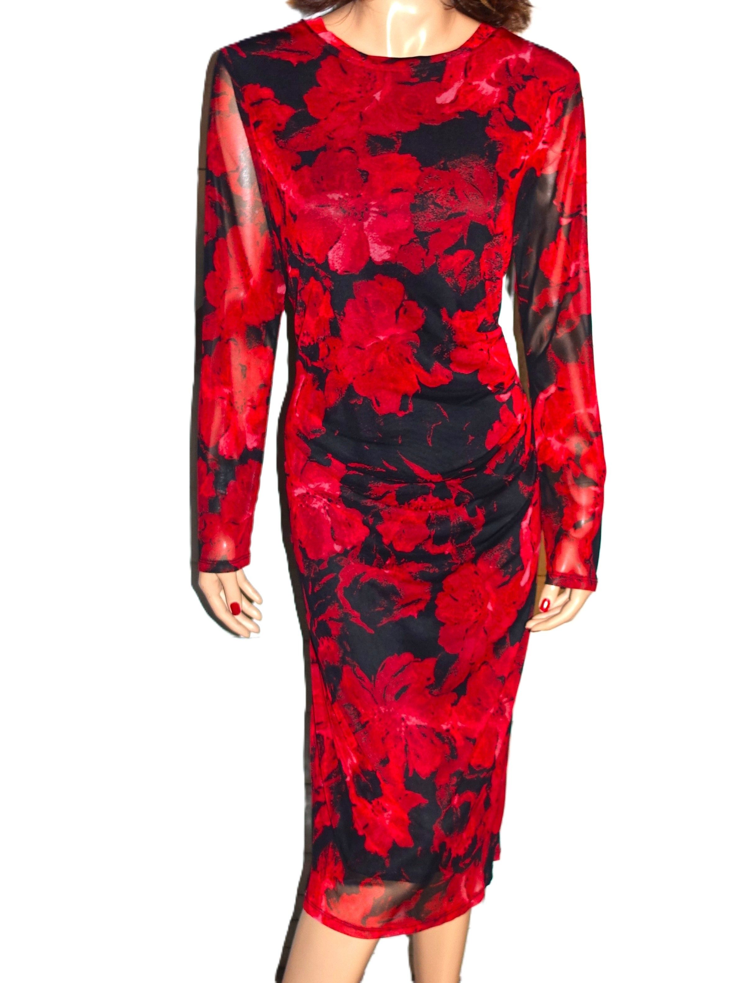 Nine West Nine West Red Black Floral Pencil Dress L Size L / US 10 / IT 46 - 1 Thumbnail
