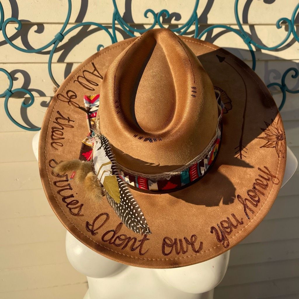 image of Handcrafted Hand Burned Hat | Wide Brim Hat | Branded Hat | Wildflowers Faux Suede Hat | All Of The