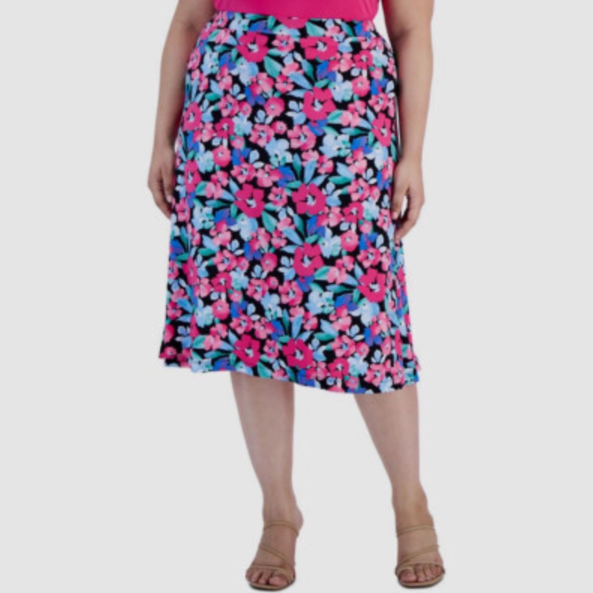 Kasper Kasper Pink Floral-Print Pull-On Flared Midi Skirt – Plus Si Size 42" / US 20 - 1 Thumbnail