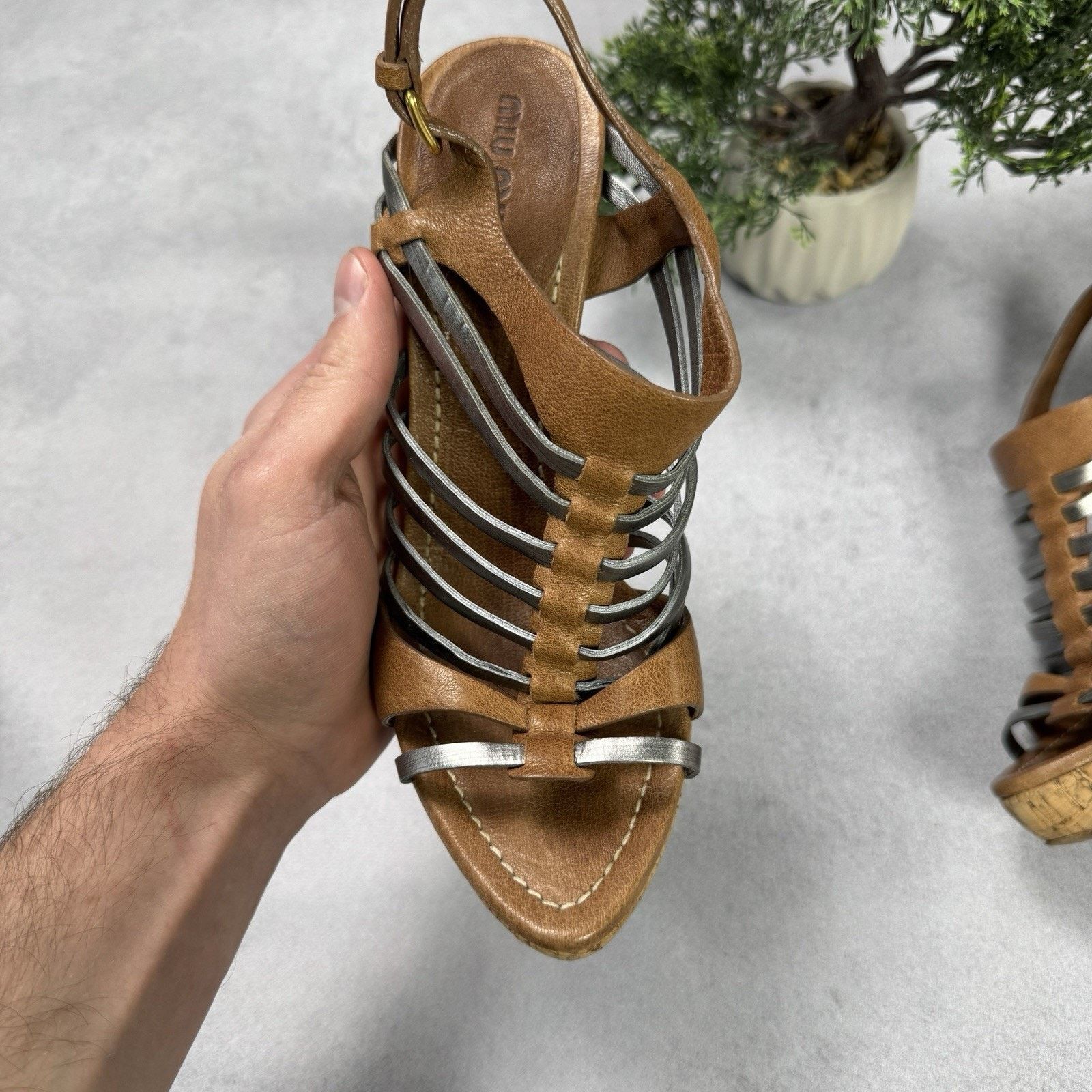 Miu Miu Miu Miu Platform Strappy Brown/ Silver Heels Sandals Size US 8.5 / IT 38.5 - 7 Thumbnail