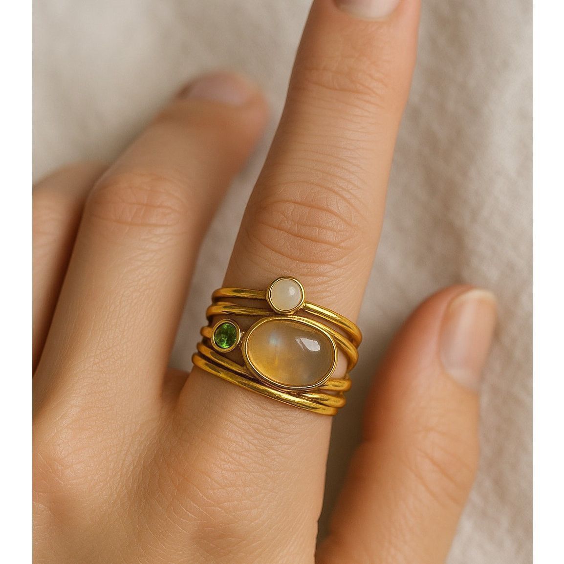Other Boho Rainbow Moonstone & Peridot Gold Vermeil Ring 925 Size ONE SIZE - 1 Thumbnail
