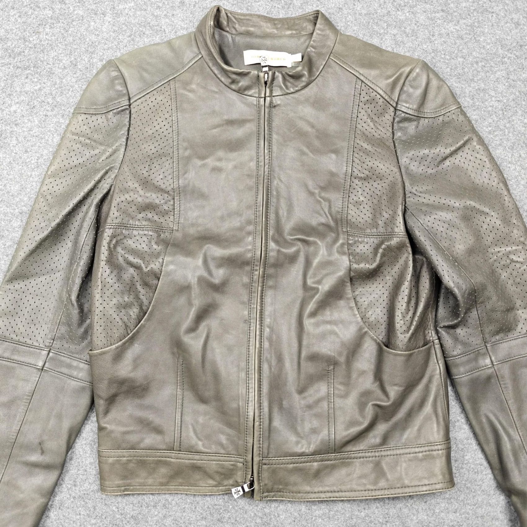 Tory Burch Tory Burch Jacket Womens Gray Leather Moto Biker Full Zip Lined 8 Size M / US 6-8 / IT 42-44 - 2 Thumbnail