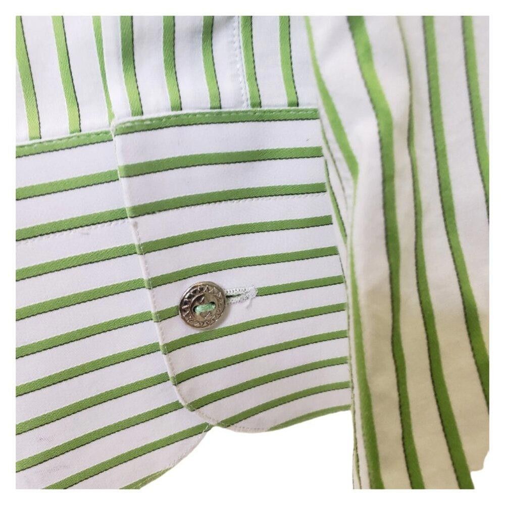 Designer CT1546 David August Green & White Striped Dress Shirt 19 Size 38R - 2 Thumbnail