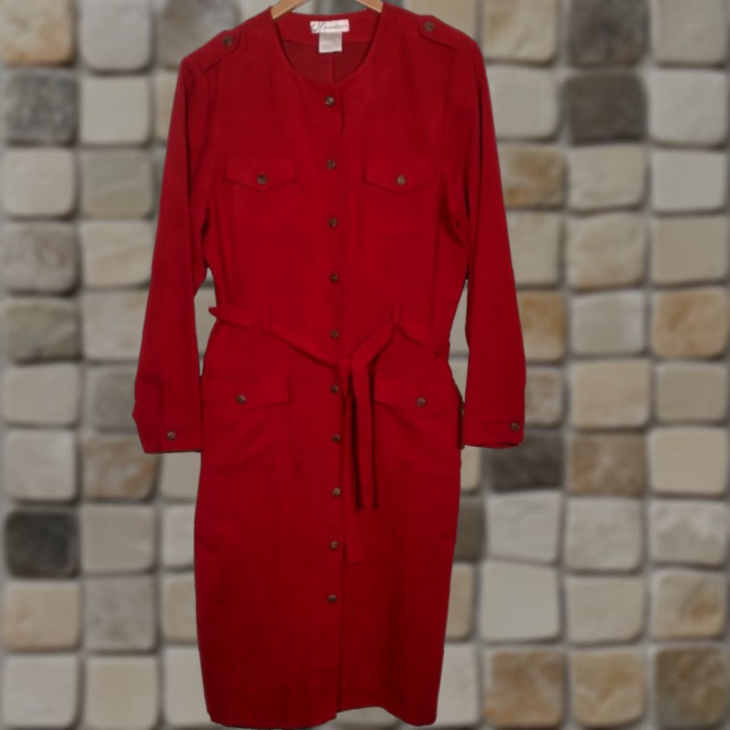 VINTAGE Dressbarn Dress 14 Red Microsuede Long Sleeve Button Up Belted Office Wear Dress