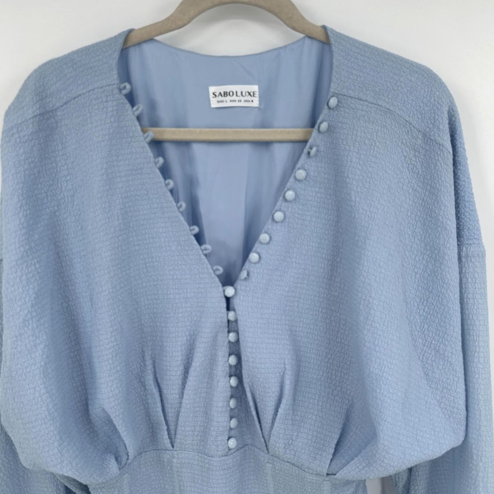 Vintage Sabo Luxe Dress Womens L Blue Long Sleeve Textured Mini V Neck Button Detail Size L / US 10 / IT 46 - 2 Thumbnail